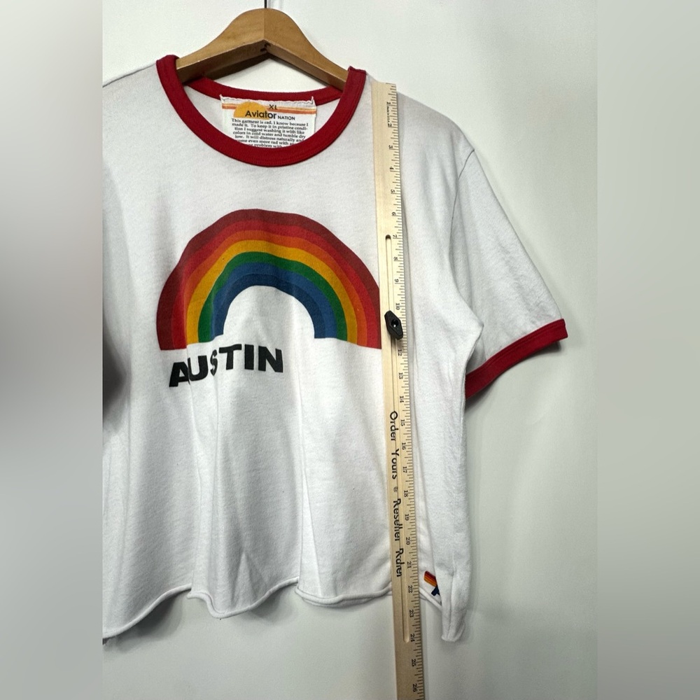 Aviator Nation Austin Rainbow Graphic Short Sleeve Raglan Crop Top Size XLARGE - Picture 10 of 11